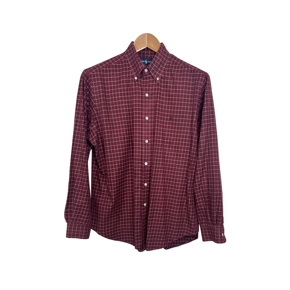 Ralph Lauren Button Down Shirt Mens Large Red‎ Plaid Classic Fit Long Sleeve F20